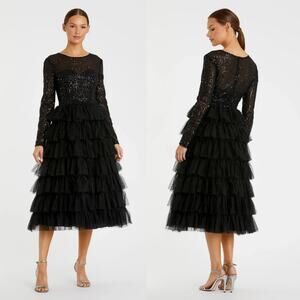 Ieena‎ Mac Duggal Long Sleeve Sequin Bodice A-Line Dress Black Size 8 NWT 26299